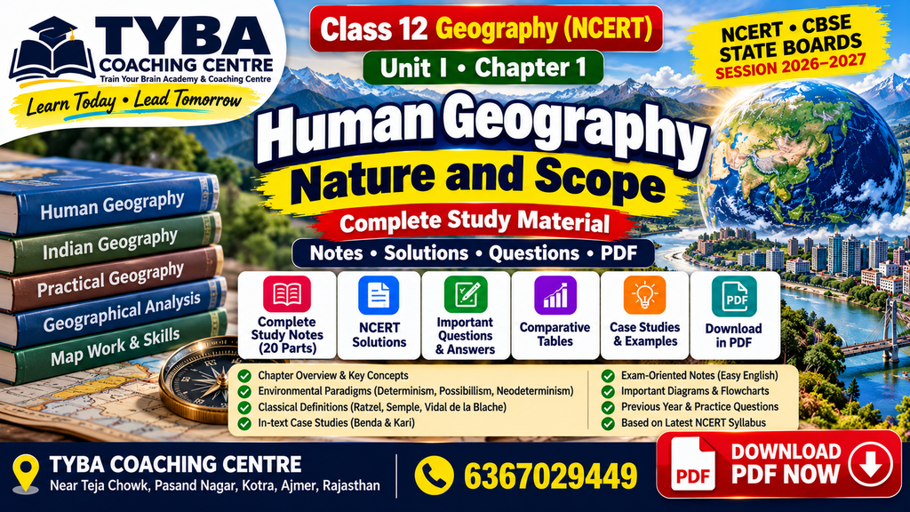 Class 12 Geography NCERT study material featuring Human Geography notes, maps, diagrams and revision topics from TYBA Coaching Centre Ajmer.